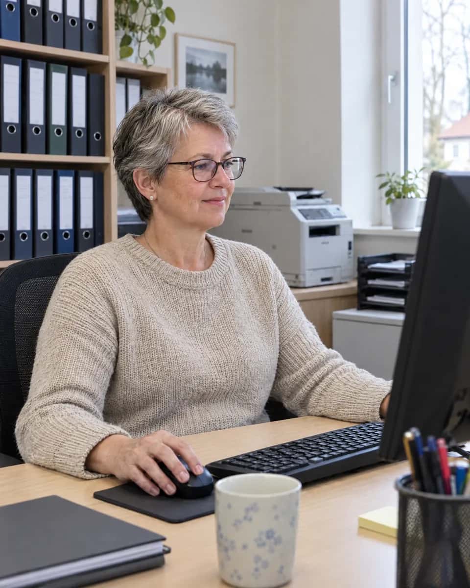 Mitarbeiterin arbeitet ruhig am Bildschirm, Ordner im Regal, Tasse auf dem Tisch