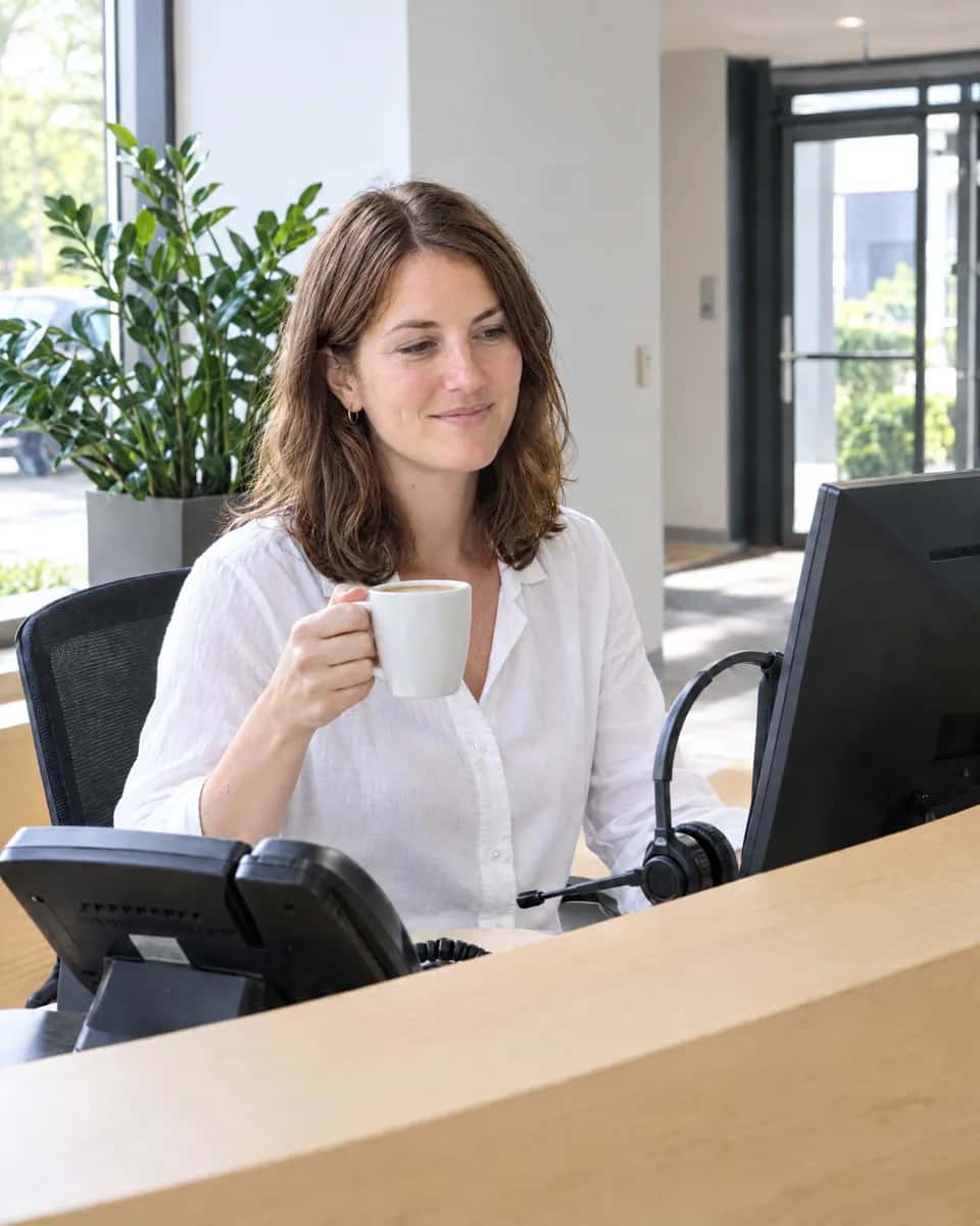 Mitarbeiterin am Empfangstresen mit Kaffeetasse, daneben Headset und Bildschirm