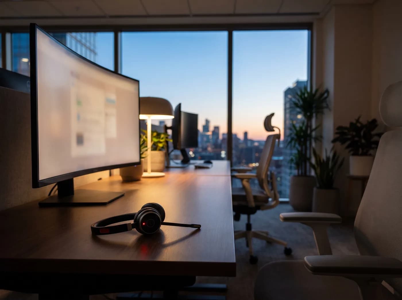 Büroarbeitsplatz am Abend mit Headset neben einem leuchtenden Monitor
