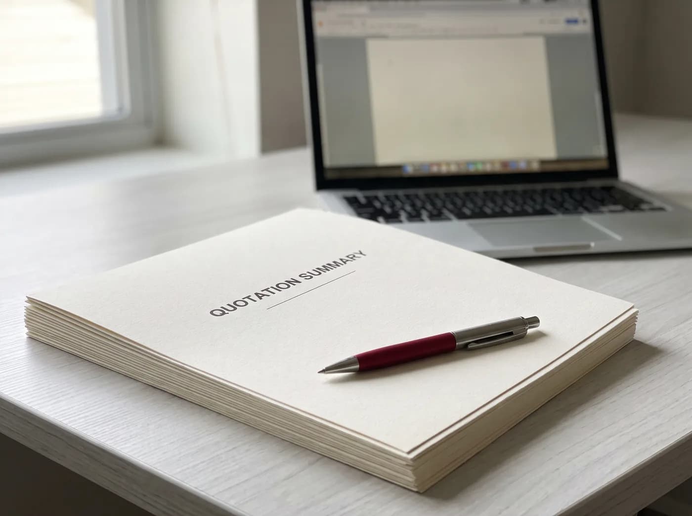 Ausgedrucktes Angebot mit Stift auf einem Schreibtisch, Laptop im Hintergrund