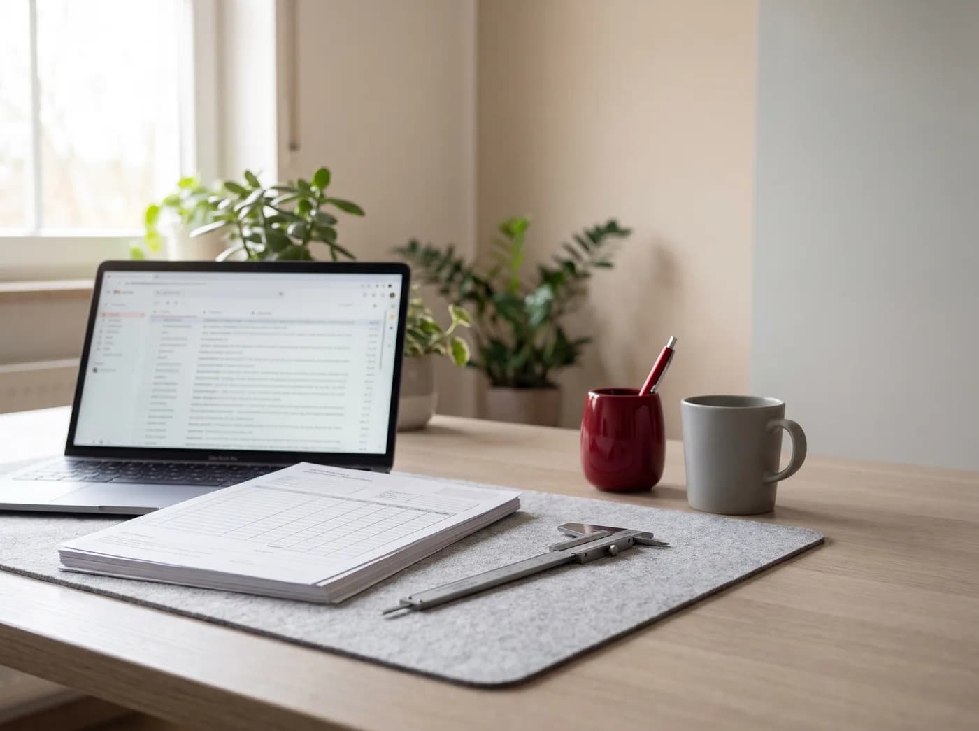 Schreibtisch im Innendienst mit Laptop, Posteingang und einem Stapel Bestellformulare