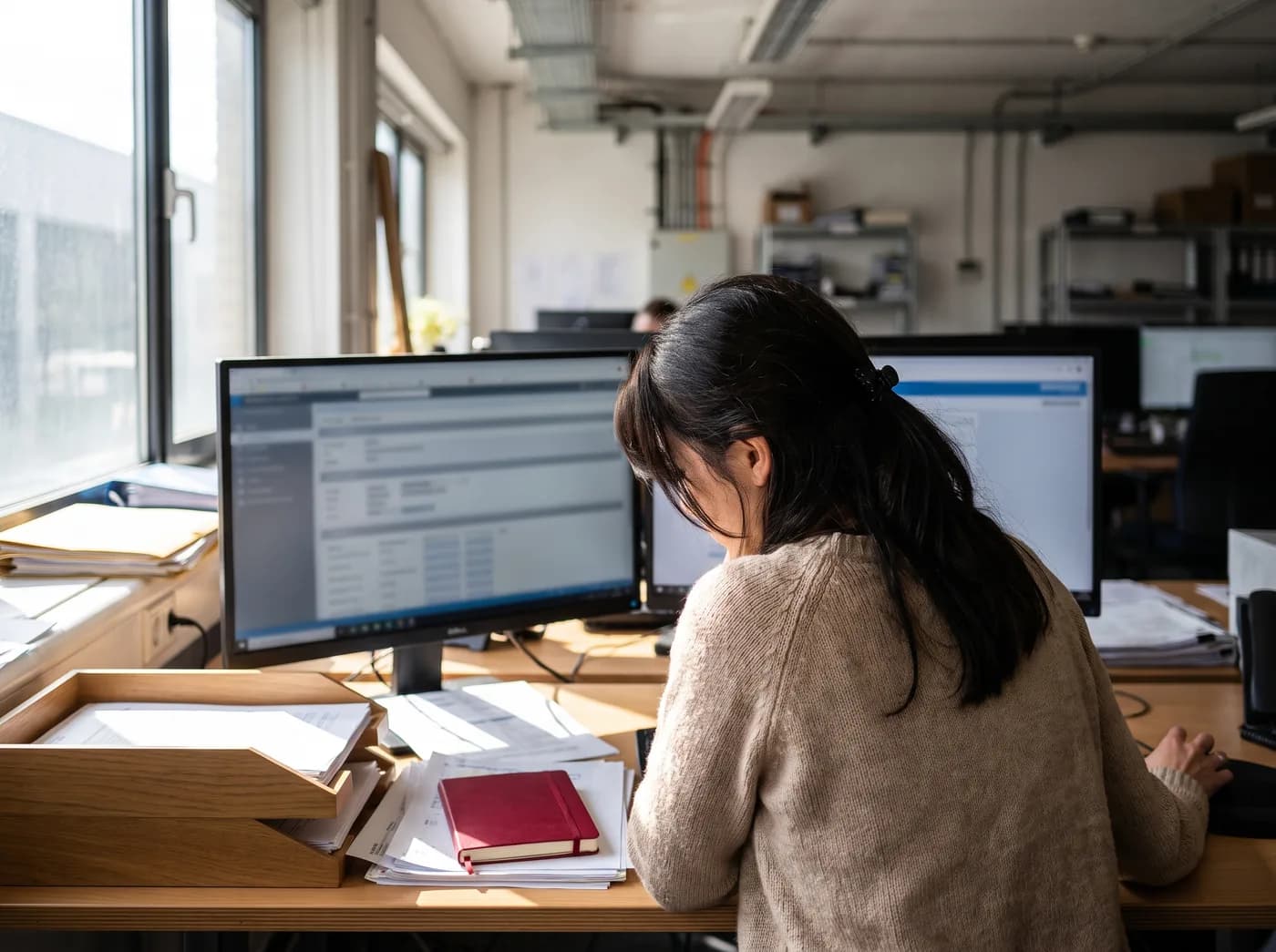 Person arbeitet konzentriert an einem Arbeitsplatz mit zwei Monitoren und Belegen