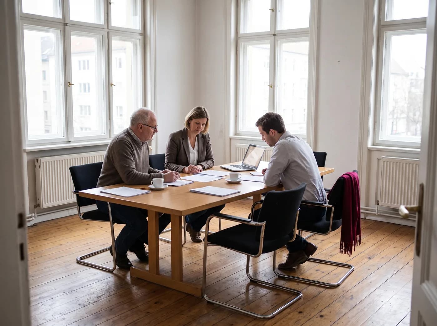 Drei Personen sitzen an einem Besprechungstisch und schauen gemeinsam auf einen Laptop und ausgedruckte Unterlagen