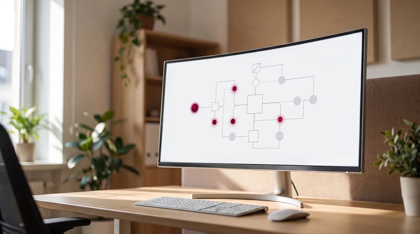 Monitor auf einem Schreibtisch zeigt ein schematisches Automatisierungs-Diagramm mit verbundenen Knoten
