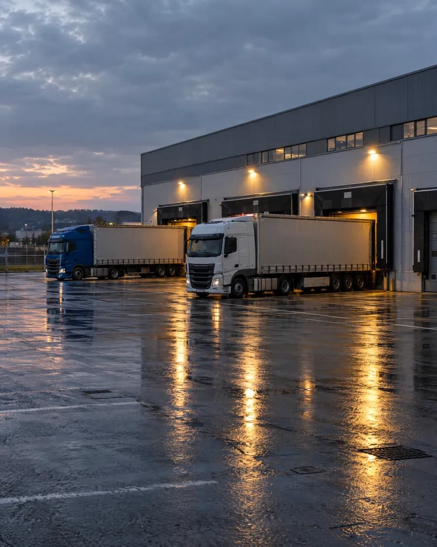 Lkw an beleuchteten Laderampen eines Speditionslagers in der Dämmerung