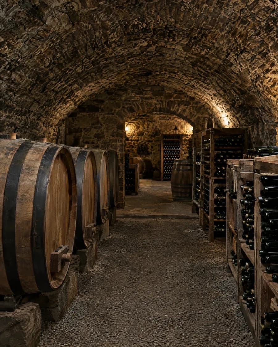 Gewölbekeller an der Mosel mit Holzfässern und Weinregalen