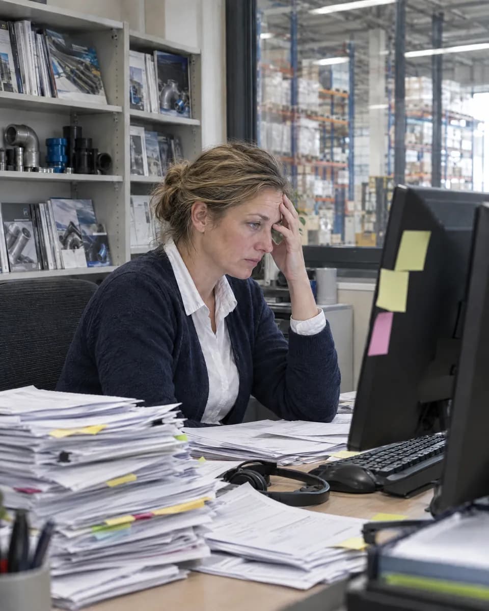 Innendienst-Leiterin vor einem überfüllten Postfach mit ausgedruckten Bestellungen