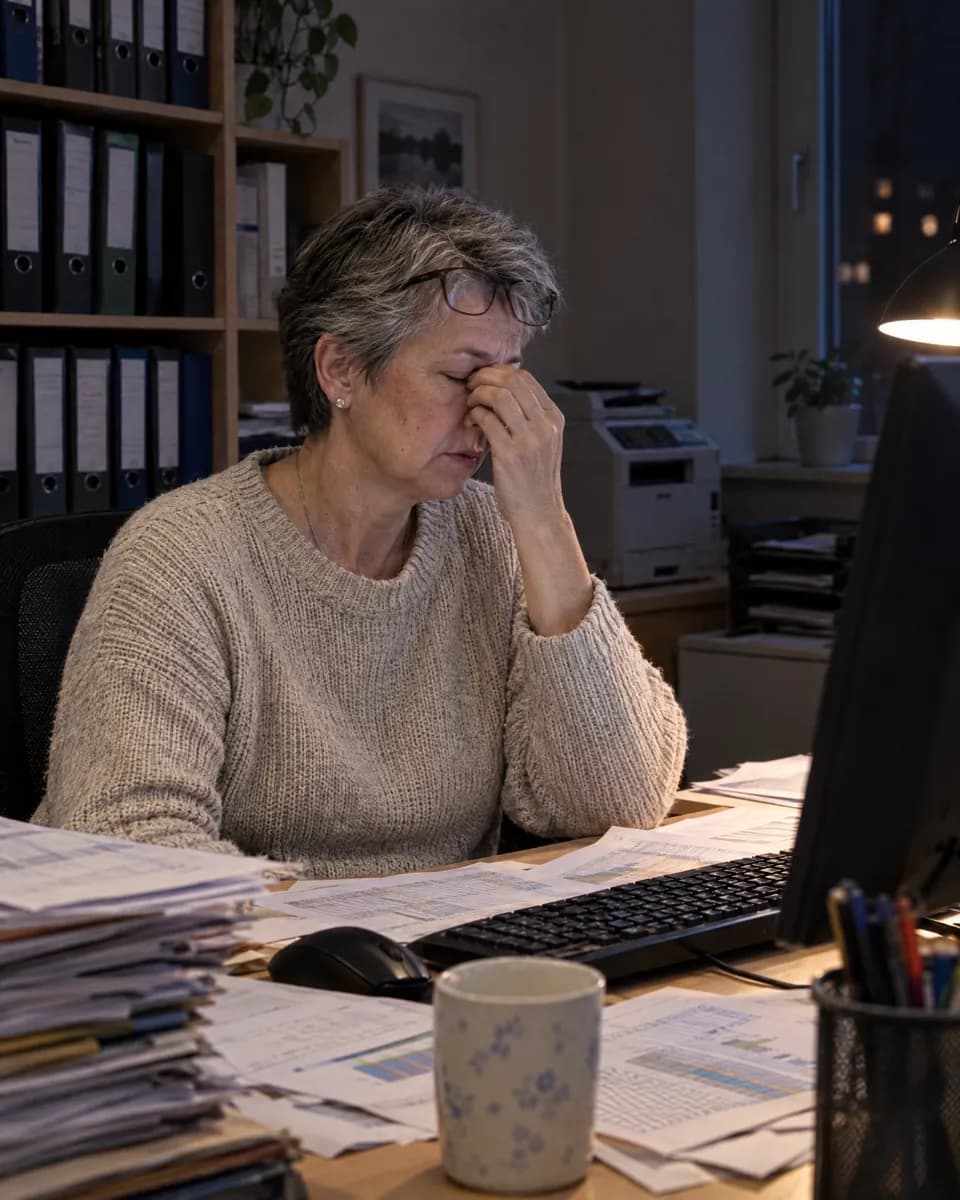 Buchhalterin abends allein im Büro mit Excel-Listen