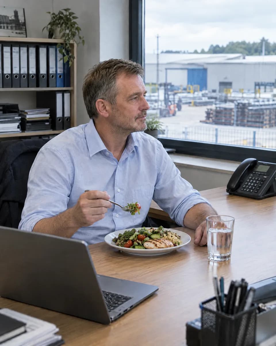 Derselbe Geschäftsführer in Ruhe beim Mittagessen, das Telefon bleibt still