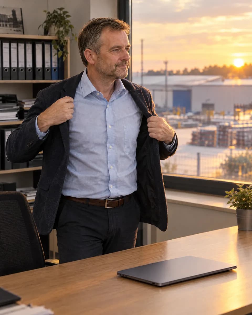 Derselbe Geschäftsführer verlässt am frühen Abend entspannt das Büro