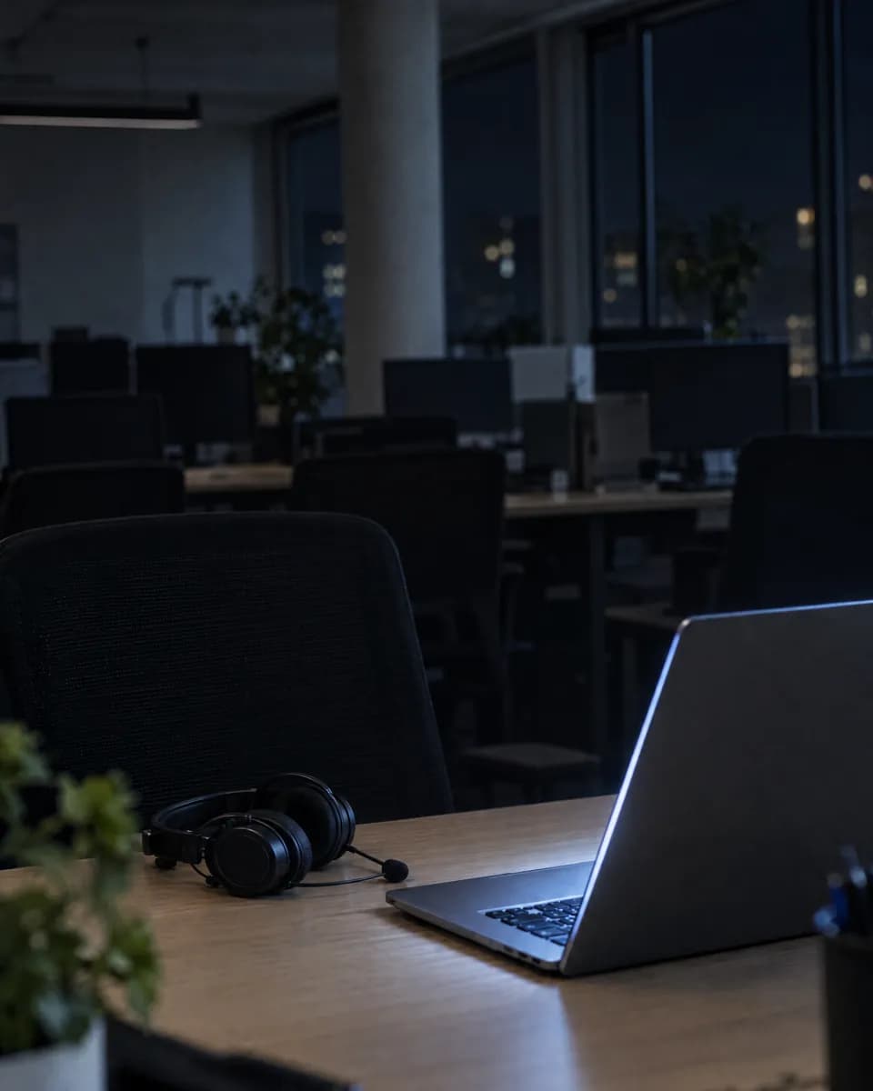 Leeres Büro am Abend, auf dem Bildschirm warten unbeantwortete Anfragen