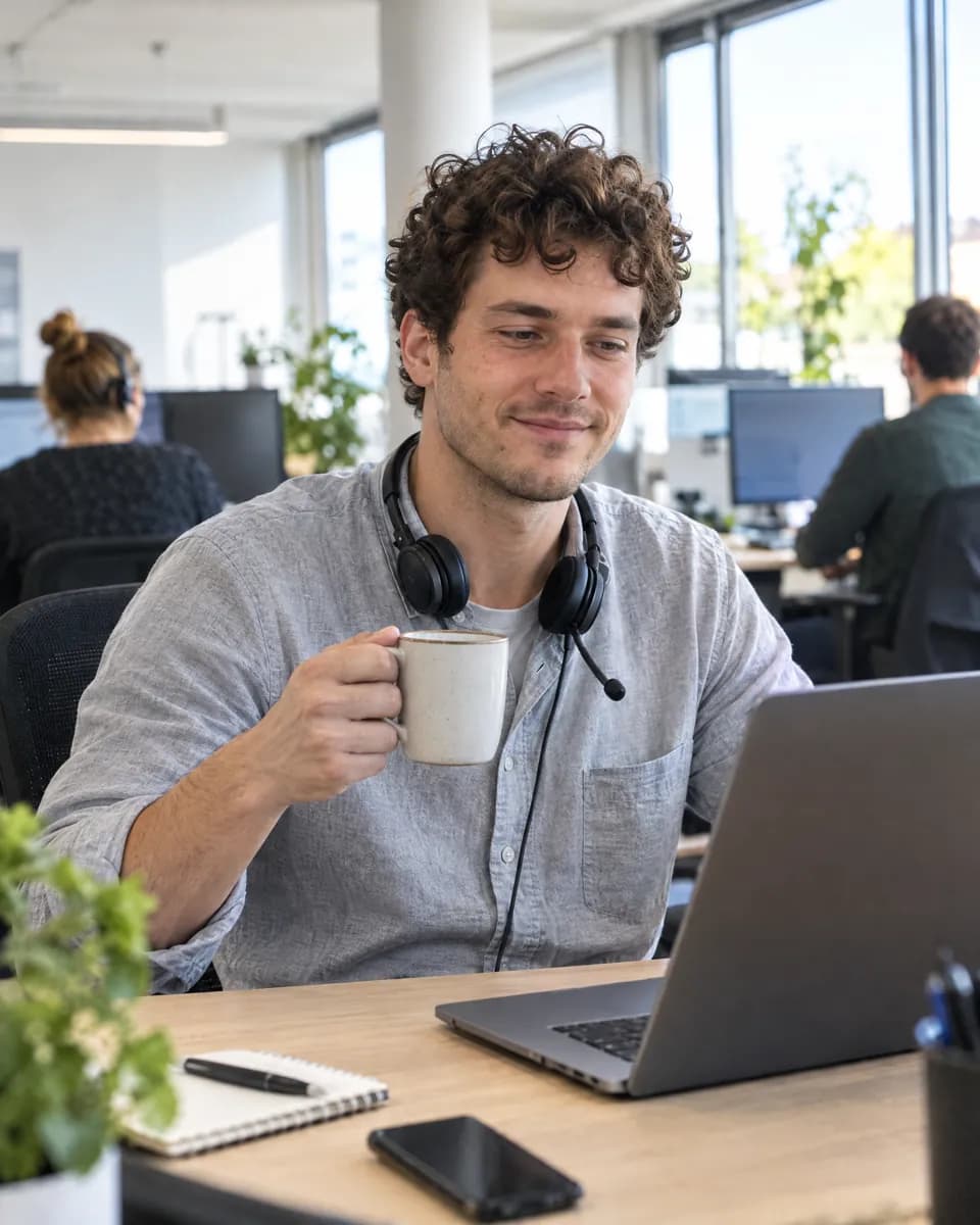 Derselbe Servicemitarbeiter am Morgen mit vorbereiteten, sortierten Anfragen